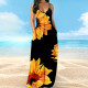 New product elegant style sunflower print slim fit jumpsuit long skirt