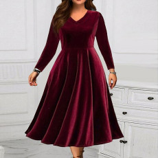 Elegant and fashionable wine red plus size medium to long dress with elegant temperament