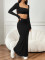 New solid color casual long sleeved square neck exposed navel top with hip hugging fashionable fish tail long skirt