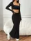 New solid color casual long sleeved square neck exposed navel top with hip hugging fashionable fish tail long skirt