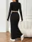 New solid color casual long sleeved square neck exposed navel top with hip hugging fashionable fish tail long skirt