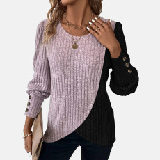 Fashionable casual style spliced lantern sleeves, cuffs, buttons, decorative top