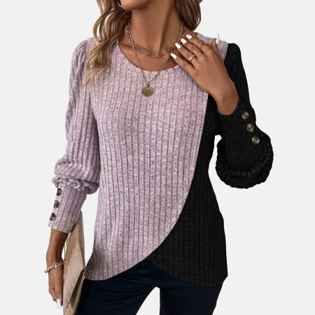 Fashionable casual style spliced lantern sleeves, cuffs, buttons, decorative top