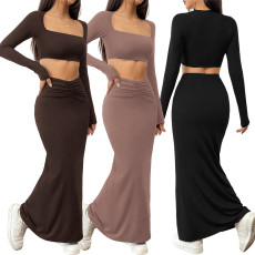 New solid color casual long sleeved square neck exposed navel top with hip hugging fashionable fish tail long skirt