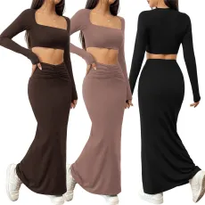 New solid color casual long sleeved square neck exposed navel top with hip hugging fashionable fish tail long skirt