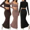 New solid color casual long sleeved square neck exposed navel top with hip hugging fashionable fish tail long skirt
