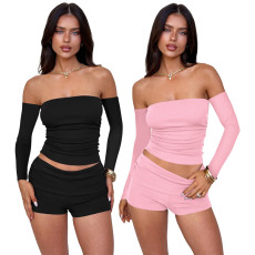 Fashionable and sexy long sleeved women's one shoulder slim fit short two-piece set