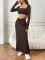 New solid color casual long sleeved square neck exposed navel top with hip hugging fashionable fish tail long skirt