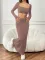 New solid color casual long sleeved square neck exposed navel top with hip hugging fashionable fish tail long skirt