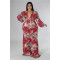 Printed strap V-neck long sleeved wide leg jumpsuit