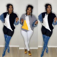 Fashionable loose sweater with color blocked patchwork jeans sleeves