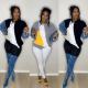 Fashionable loose sweater with color blocked patchwork jeans sleeves