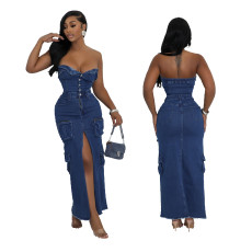 3D pocket sexy strapless open shoulder workwear bag denim dress autumn long skirt