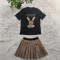 Fashionable round neck short sleeved embroidered+beaded top+pleated skirt set