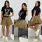 Fashionable round neck short sleeved embroidered+beaded top+pleated skirt set
