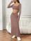 New solid color casual long sleeved square neck exposed navel top with hip hugging fashionable fish tail long skirt