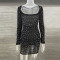 Hot selling women's sequined rhinestone sexy semi transparent long sleeved short dress