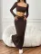 New solid color casual long sleeved square neck exposed navel top with hip hugging fashionable fish tail long skirt