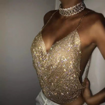 Fashion Diamond Women's Nightclub Low cut Bareback Sparkling Diamond Chain Strap Deep V Umbilical Tank Top