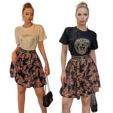 Fashionable hot stamping short sleeved shirt+stylish commuting woven belt printed skirt