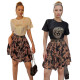 Fashionable hot stamping short sleeved shirt+stylish commuting woven belt printed skirt
