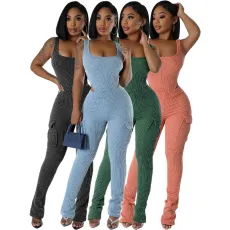 Elastic Twist Strip High Waist jumpsuit workwear pants set
