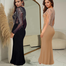 Fashion women's rhinestone solid color long sleeved dress new