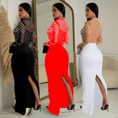 Women's solid color rhinestone long dress new