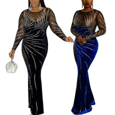 Hot Diamond Long Dress Sexy Perspective Mesh Splicing Velvet Party Evening Dress for Women