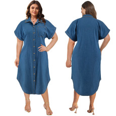 Large size women's new denim short sleeved button mid length wide dress