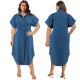 Large size women's new denim short sleeved button mid length wide dress