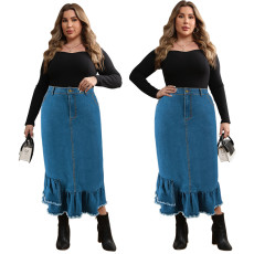 Large size women's new denim tassel fitted long skirt