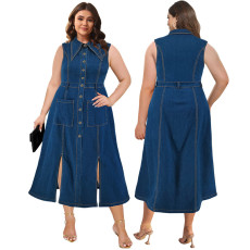 Large size women's denim cardigan sleeveless slit long dress