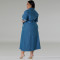Large size women's denim lapel long sleeved tied mid length dress