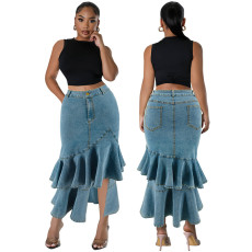 Large size women's new denim fit mid length skirt