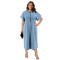 Large size women's denim collar short sleeved zipper mid length dress