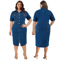 Large size women's new denim lapel short sleeved slit mid length dress