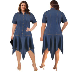 Large size women's denim collar short sleeved button up mid length dress