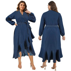 Large size women's denim strap long sleeved irregular skirt long dress