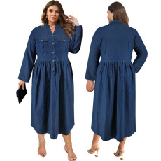 Large size women's new denim stand up collar button up long sleeved dress