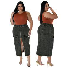 Large size women's denim new fit zipper empty bag long skirt