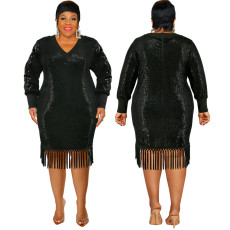 Large size women's bead V-neck long sleeved tassel mid length dress