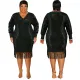 Large size women's bead V-neck long sleeved tassel mid length dress