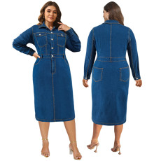 Large size women's denim collar long sleeved button up mid length dress