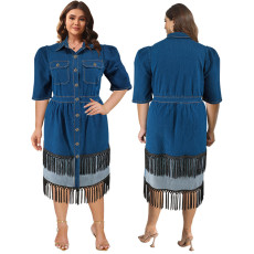 Large size women's denim collar short sleeved tassel two-color long dress