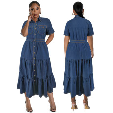 Oversized women's clothing, women's clothing, lapel buttons, long pockets, short sleeves, long dresses