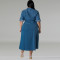 Large size women's denim lapel long sleeved tied mid length dress