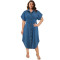 Large size women's new denim short sleeved button mid length wide dress