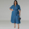 Large size women's denim lapel long sleeved tied mid length dress