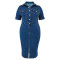 Large size women's new denim lapel short sleeved slit mid length dress